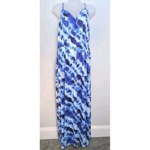 Inin NWT Maxi Dress Blue Watercolor Spaghetti Strap Faux Wrap Slit  V-Neck SZ XL